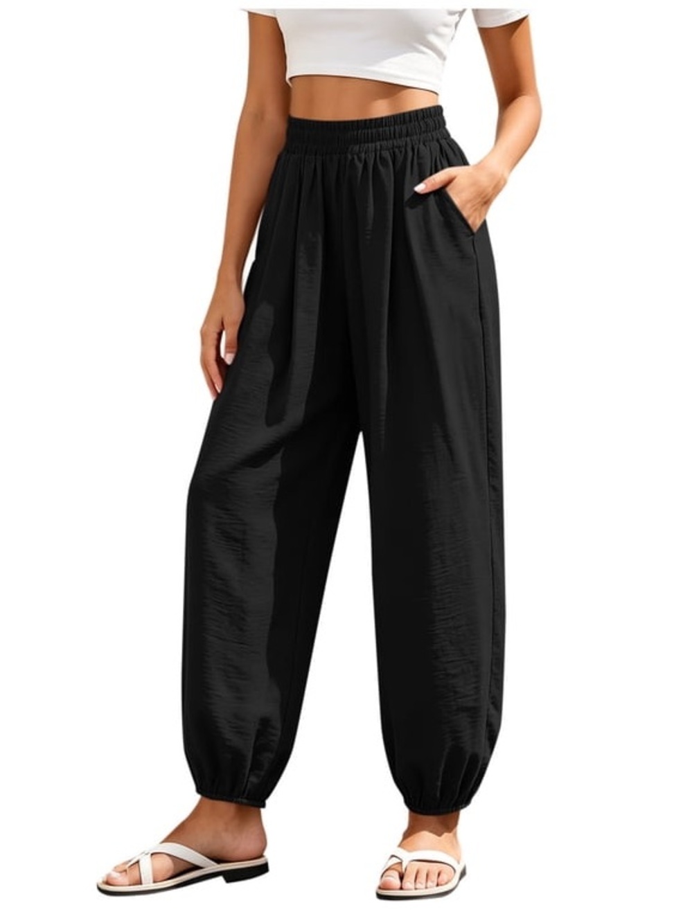 Black Elastic-Waist Harem Pants
